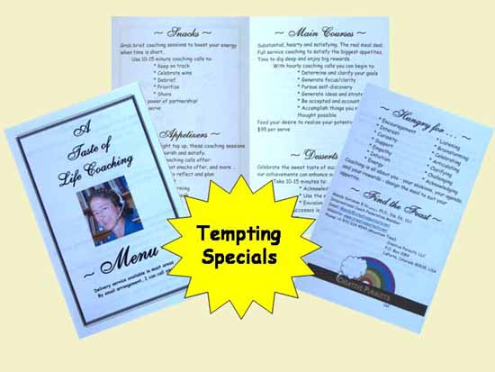 Mandy's life coaching menu - services offered through Creative Pursuits, LLC